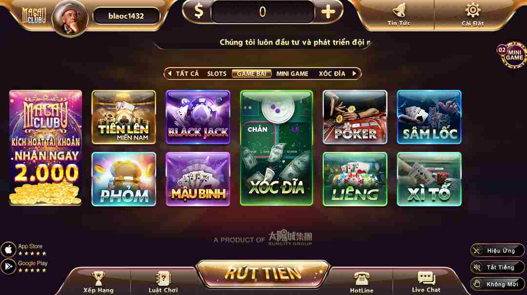 Giao diện ấn tượng của cổng game Macau